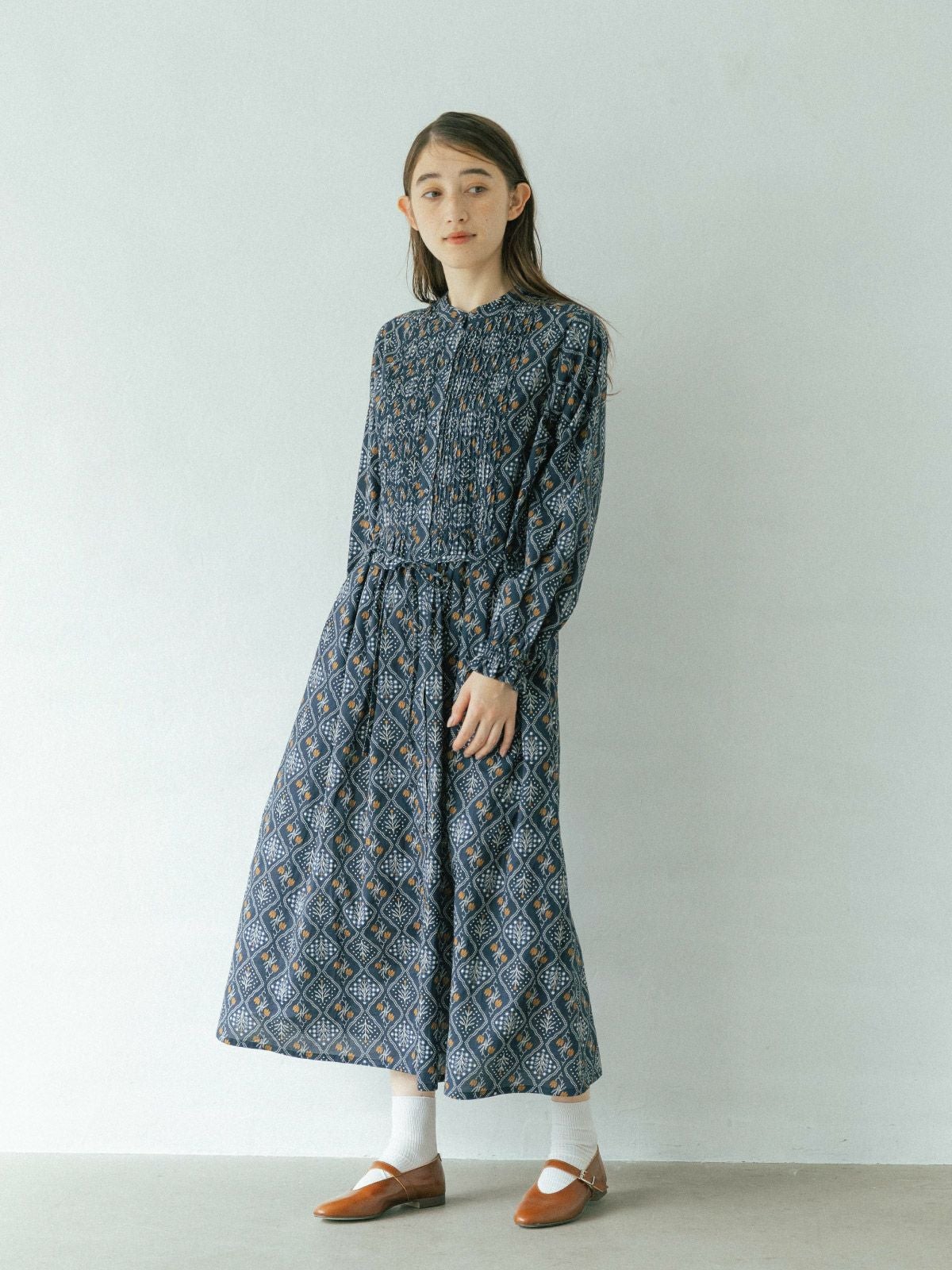 格子花柄ピンタックウエストドロストワンピース sosotto ソソット