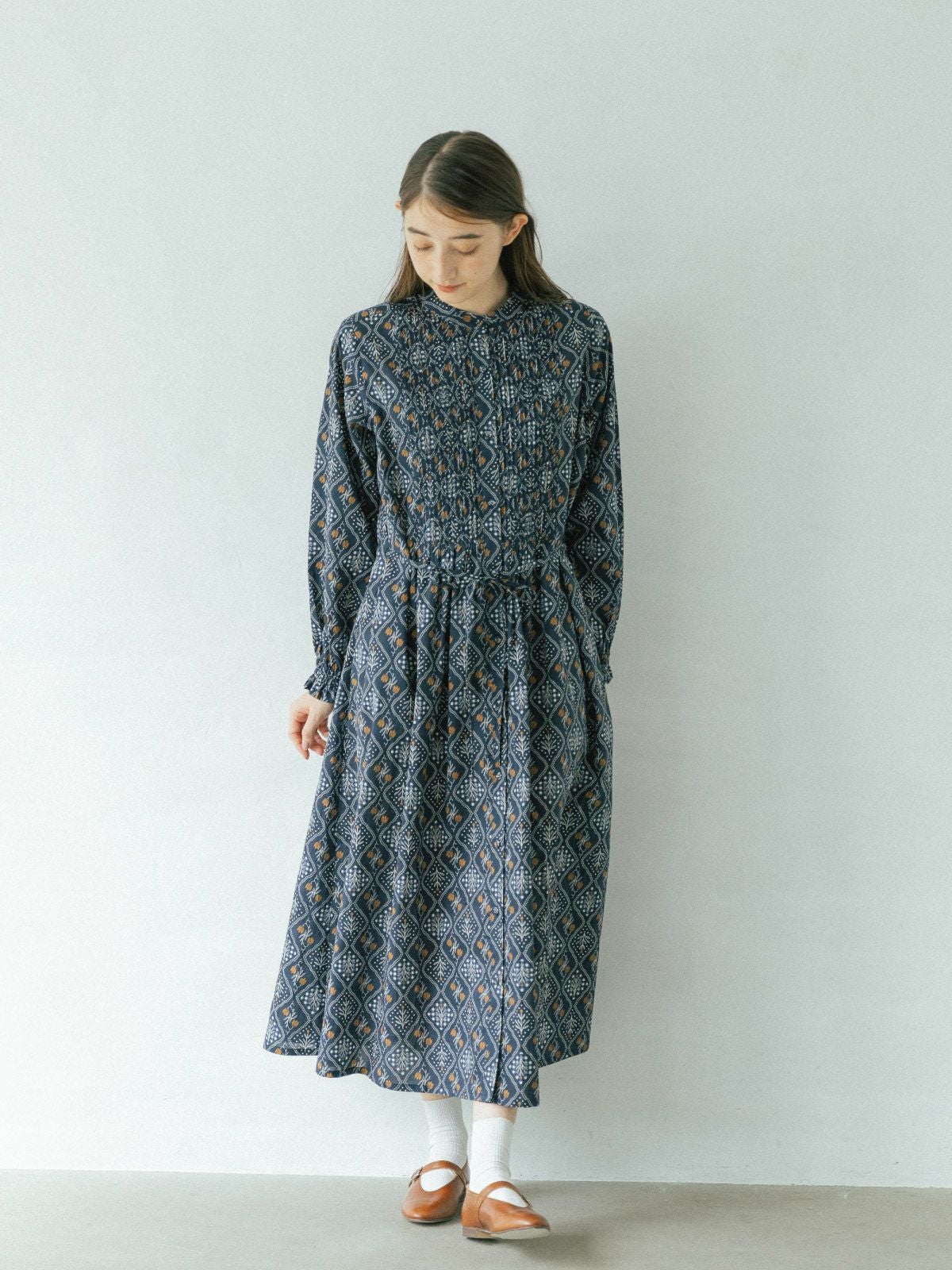 格子花柄ピンタックウエストドロストワンピース sosotto ソソット